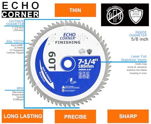 7-1/4 Inch Ultra Finish Circular Saw Blade 60T, Non-Stick Coating, for Wet Lumber, Composite Decking, Plywood, Plastic, Veneer, Laminate
