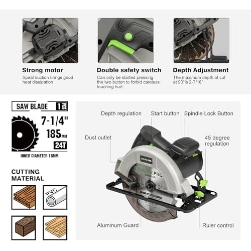 GALAX PRO 11 Amp Power Circular Saw, 6000RPM Corded Circular Saw with Adjustable Cutting Depth 2-1/2" (90°) to 1-7/8" (45°), 7-1/4 Inch Carpentry Saw Blade, Ideal for Wood, Plastic Cuts