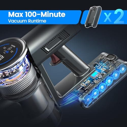 Cordless Vacuum Cleaner, 350W 35KPA 100Mins Runtime Powerful Stick Vacuum for home with Self-Standing, Touch Screen, Rechargeable Handheld Vacuum for Home/Pet Hair/Carpets/Hard Floors(2 Batteries)