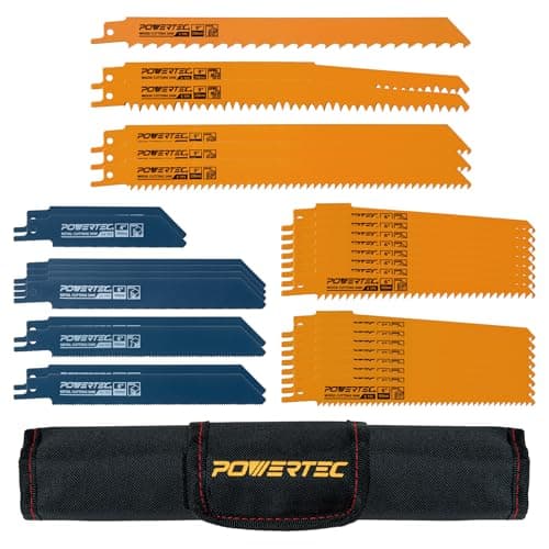 POWERTEC 32-Piece Reciprocating Saw Blades Set, Metal & Woodcutting Sawzall Blades Assortment with Organizer Pouch for Plumbing Work, Wood Pruning, Cutting Metal and Wood with Nails (14401)