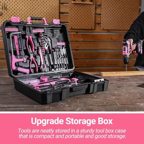 DEKOPRO Pink Drill Tool Kit Set: 20V Cordless Power Drill Tool Box with Battery Electric Drill Driver for Men Home Hand Repair Basic Toolbox Tools Sets Drills Case, DKMT186-GP
