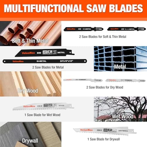 Valuemax 8-In-1 Multi-Blades Hand Saw, Quick-Change Mechanism Hacksaws with TPR Handle, CRV & Bimetal Blades, Drywall/Jab Saw, Handsaws for Wood, Metal, Plastic and Plywood