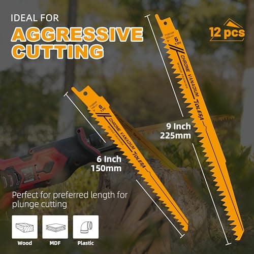 TOLESA 12 Pack CR-V Sawzall Pruning Blades 6 Inch+9 Inch for Tree Branch Root Wood Cutting, Reciprocating Saw Blade for Professional, DIYer, Gardener(Christmas Gift)