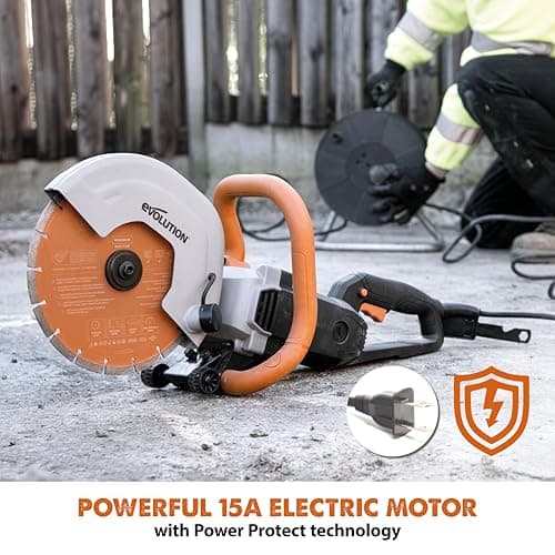 Evolution R255DCT - 10 In Concrete Saw (Aka Circular, Angle Grinder, Chop Saw, Cut Off, Demo, Disc Cutter, Power Cutter) - 15A Motor, No Gas - 4-1/16 In Cut - Incl Premium Diamond Blade