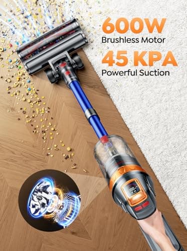 Cordless Vacuum Cleaner, 600W 45KPA with Upholstery Cleaning Tool, Stick Vacuum Cleaners for Home 60 Mins Runtime, Self-Standing, Wall Mount Charging, Rechargeable Vacuum for Floor Carpet Pet Hair