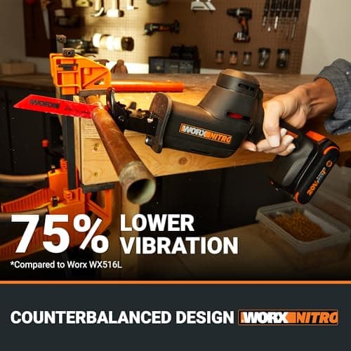 WORX 20V Cordless Reciprocating Saw for Wood, 1" Stroke Length, Brushless Motor, Lightweight Design WX501L