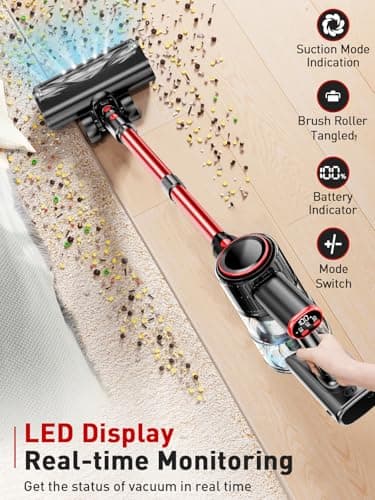 Cordless Vacuum Cleaner, 40Kpa 8-in-1 Vacuum Cleaners for Home, 45Mins Runtime Anti-Tangle Stick Vacuum with LED Display, 3 Modes Suction, Lightweight Vacuum for Hardwood Floor/Carpet/Pet Hair