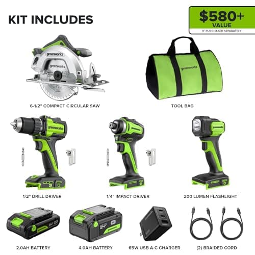 Greenworks 24V Cordless Brushless 4PCs Combo, 400 in-lbs Drill/Driver+1950 in-lbs Impact Driver +6.5" Circular Saw +200LM Flashlight, 2.0Ah+4.0Ah Batteries (24,000mAh Power Bank) 65W USB-C Charger