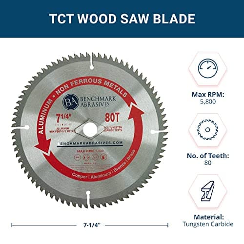 Benchmark Abrasives TCT 7-1/4 Inch Circular Saw Blade, Tungsten Carbide Tipped Non Ferrous Metal Cutting Saw Blades for Cutting Plastic, Fiberglass, PVC, Aluminum Cutting Blade - ‎(7-1/4" - 80 Teeth)