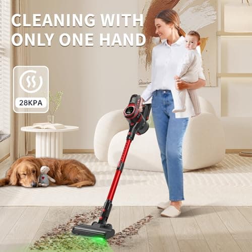 Vacuum Cleaners for Home, Lightweight Cordless Vacuum Cleaner for Hard Carpet, Hard Floor, Pet Hair, 30Kpa Vacuum Cleaner with HEPA Filter, Side Light, Max 55 Mins, Full Touch Screen
