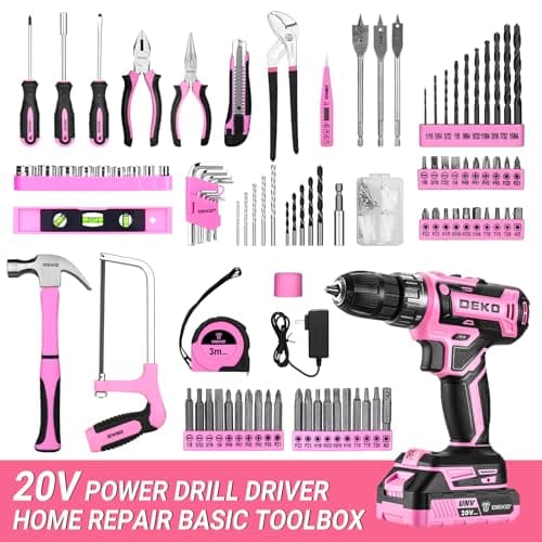 DEKOPRO Pink Drill Tool Kit Set: 20V Cordless Power Drill Tool Box with Battery Electric Drill Driver for Men Home Hand Repair Basic Toolbox Tools Sets Drills Case, DKMT186-GP
