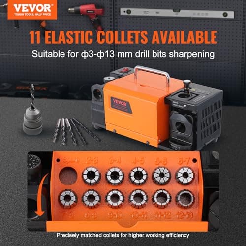 VEVOR Drill Bits Sharpener, 3-13mm Drill Bits Grinder Sharpener, Lip Relief Angle & 95°-135° Point Angle Adjustable Drill Bit Re-Sharpener, Portable Sharpening Machine with 11 Collets, CBN & SDC Wheel