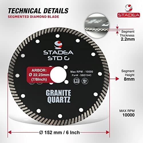 Stadea SBD104C Diamond Saw Blade 6-Inch Continuous Turbo Dry Cutting - Cuts Granite Quartz Quartzite, Fits Grinder, Saw Cutter, 8 MM Segments - Pack of 1