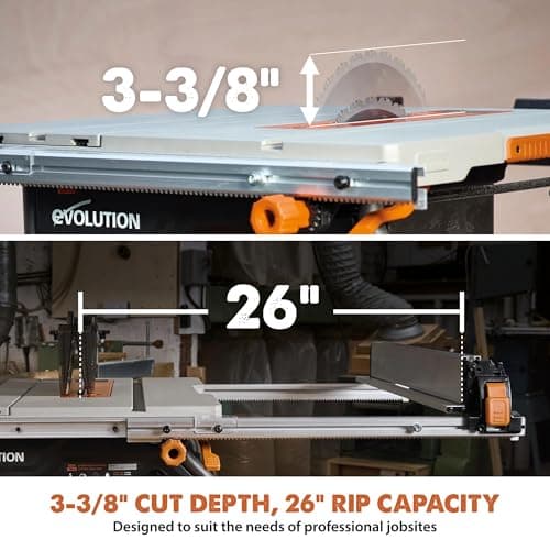 Evolution R10TBLX 10" Jobsite Table Saw with Wheeled Scissor Stand | 15A Motor | Multi-Material Cutting | 10" Blade | 26” Rip | 3-3/8” Depth | 0-45º Bevel | Precision Fence | Portable & Heavy-Duty