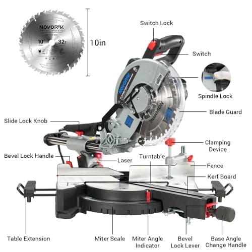 Sliding Compound Miter Saw, 15A 10", Bevel Cut (0°-45°) with Laser, Extension Table, Iron Blade Guard, Cutting Wood, PVC or Soft Metal