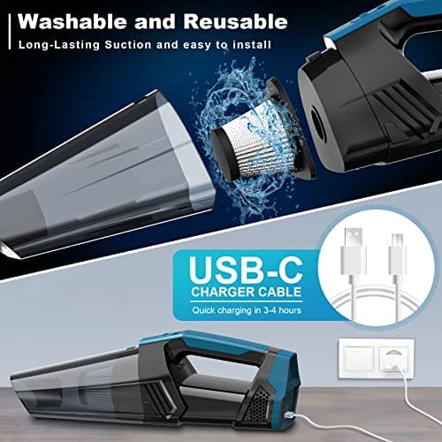 Cordless Car Vacuum Lightweight High Power Handheld Vacuum Cleaner with LED Light, Hand Vacuum for Car Home Office and Pet Hair, Indigo Blue