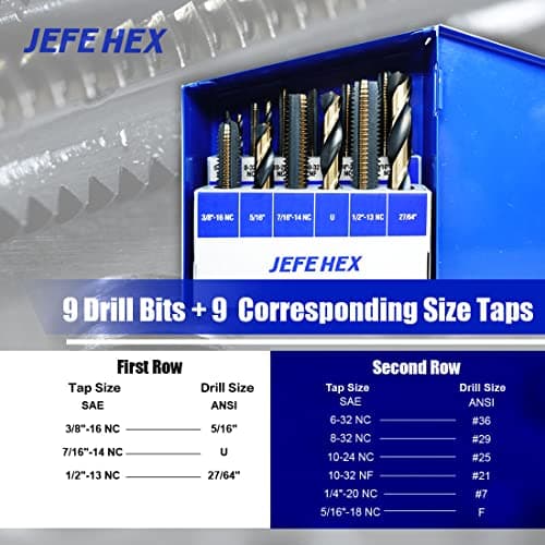 JEFEHEX 18pcs Drill and Tap Set with 1 Piece T-Handle Ratchet Tap Wrench, Tap Range 6-32NC—1/2"-13NC, Black and Gold Premium HSS Jobber Length Drill Bits and Hand Plug Taps with Metal Indexed Box