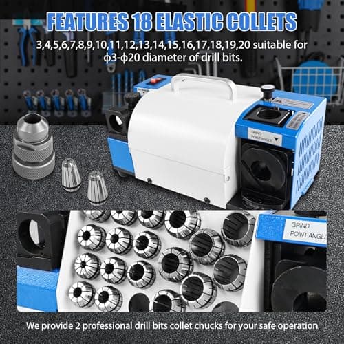Drill Bits Sharpener, 3-20mm Drill Bit Grinding Machine, Lip Relief Angle & 95°-135° Point Angle Adjustable Drill Bit Re-Sharpener, Portable Bits Sharpening Machine with 18 Collets, CBN & SDC Wheel