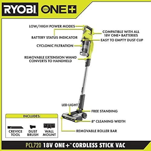 RYOBI Pacroban ONE+ 18V Cordless Stick Vacuum Cleaner Kit with 4.0 Ah Battery and Charger