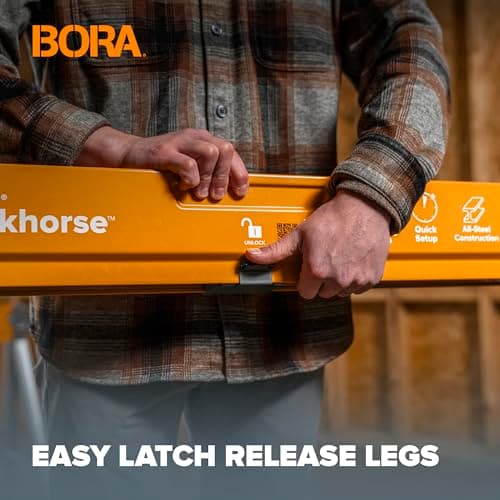 BORA Workhorse Saw horses 2 pack Folding Heavy Duty Legs, Metal Saw horse with 2x4 Bracket Built in Bottle Opener Professional Saw Horse for Woodworking Carpenters Contractors PM-3350T