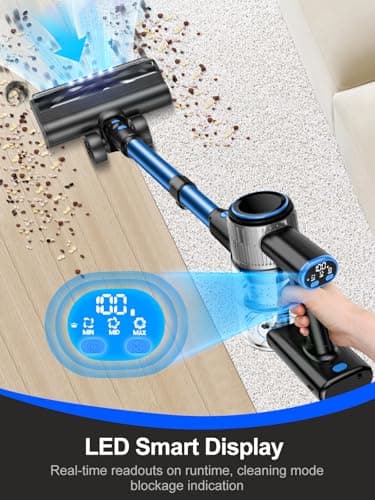 Cordless Vacuum Cleaner, 8-in-1 Vacuum Cleaners for Home, 45Mins Runtime, Anti-Tangle Stick Vacuum with LED Display, Rechargeable Lightweight Vacuum for Pet Hair/Carpet/Floor