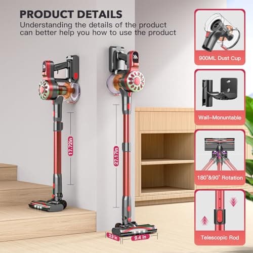 Cordless Vacuum Cleaners for Home with Powerful Suction,Stick Vacuum Cordless Rechargeable,Up to 35 Mins Runtime,Lightweight Hardwood Floor Vacuum for Pet Hair,Carpet(Red)
