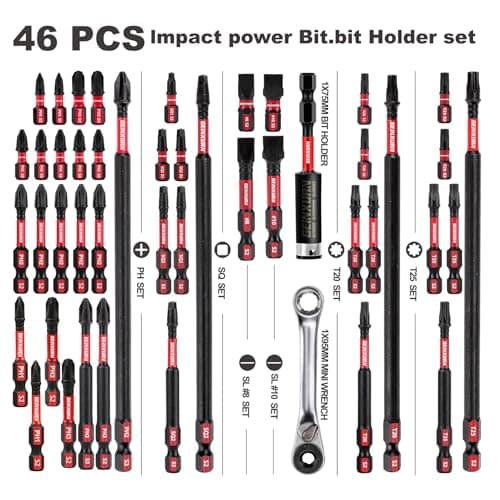 Impact Tough Magnetic Mixed 46Pack Insert Driver Bits, S2 Alloy Steel Screwdriver Power Bits Set with 1Pcs Impact Magnetic Bit Holder and Mini Wrench