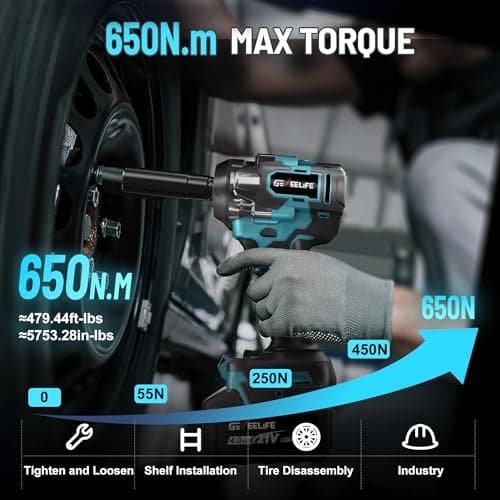 GEVEELIFE 650N.m/480Ft-lbs Brushless Impact Wrench,1/2" Cordless Impact Gun w/ 2x4.0Ah Battery & 6 Sockets, 3300RPM Power Electric Impact Driver for Car/DIY Furniture/Lawn Mower, Blue Toolbox