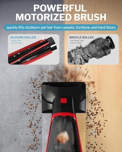 Pet Hair Handheld Vacuum, Car Vacuum Portable Cordless Rechargeable with Reusable Filter and Motorized Brush for Carpet, Couch & Stairs, Red, 17.4"X 4.6"X 6.6"