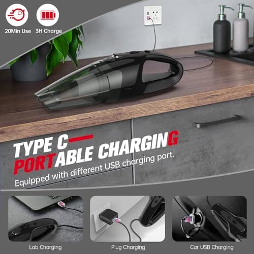 Handheld Vacuum Cordless Rechargeable, Car Vacuum Cleaner with LED, USB Charge, 1.65LBs Hand Vacuum Cordless, for Car/Home/Pet