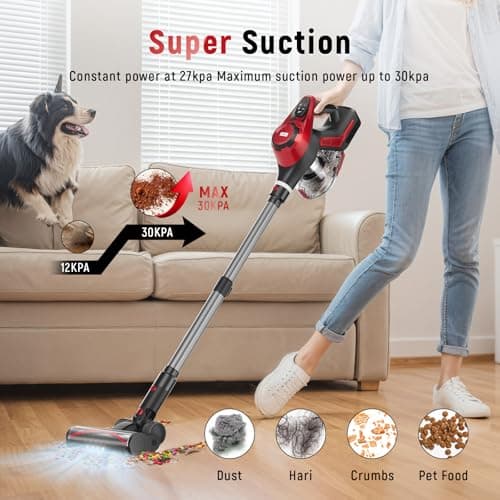 Cordless Vacuum Cleaner, 30Kpa Home Stick Vacuum, Smart Display & 1.5L Dust Cup, 55mins Max Runtime, Rechargeable Lightweight Handheld Vavuum for Pet Hair/Carpet/Hardwood Floor/Car (Metallic Red)
