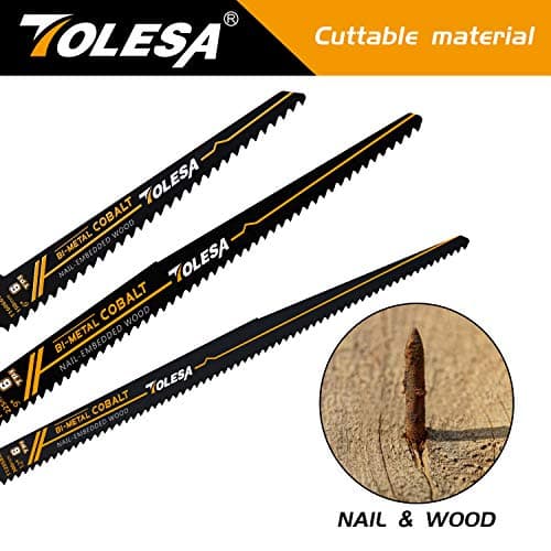 TOLESA Nail Embedded Wood Reciprocating Saw Blades for Window Door Demolition and Construction Wood Cutting 12 Inch 6TPI Bi-Metal Teeth with Cobalt Sharp Cutting 5 Pack