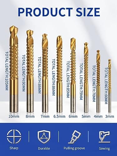 Rocaris 8 Pack Titanium Coated HSS Twist Drill Bits, 3-10mm Serrated Side Cutting Drill Bit Woodworking Tools for Plastic Metal Wood Hole