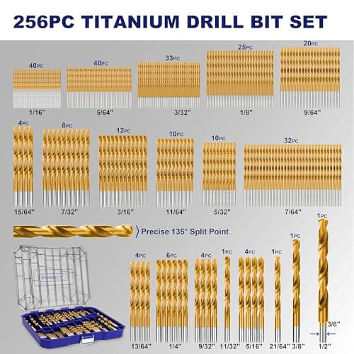 276pc Titanium Twist Drill Bit Set with S2 Bits 135° Tip High Speed Steel, Size from 1/16" up to 1/2", Ideal in Wood Cast Iron Aluminum Alloy Plastic Fiberglass, Clear Lid Case