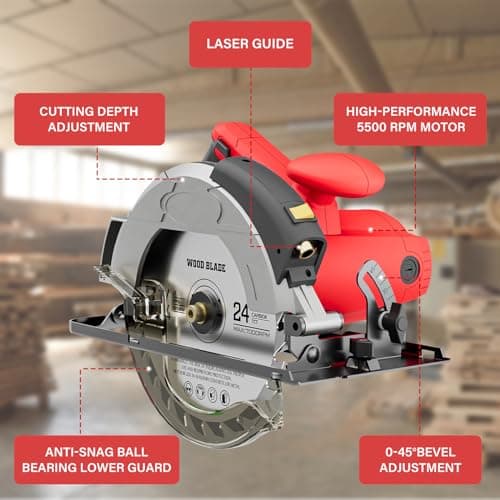 Mini Circular Saw, Circular Saw, Corded Circular Saw 12A 5500RPM Power Circular Saw with 7-1/4'' Saw Blade and Guide 2.45'' (90°) & 1.81'' (45°) Max Cutting Depth for Wood Plastic (1)