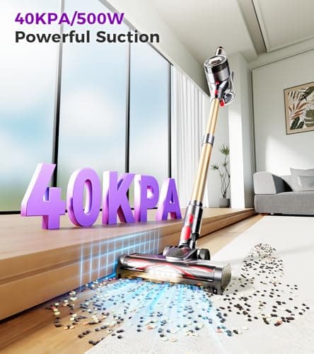 Cordless Vacuum Cleaner, 500W 40Kpa 60Mins Vacuum Cleaners for Home, Anti-tangle Stick Vacuum with Self-Standing, Wall Mount Charging, LDE Display, Wireless Vacuum for Carpet Pet Hair Hardfloor