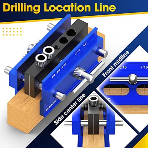 Self Centering Doweling Jig Kit, Drill Jig For Straight Holes Biscuit Joiner Set With 6 Drill Guide Bushings, Adjustable Width Drilling Guide Power Tool Accessory Jigs (Blue)