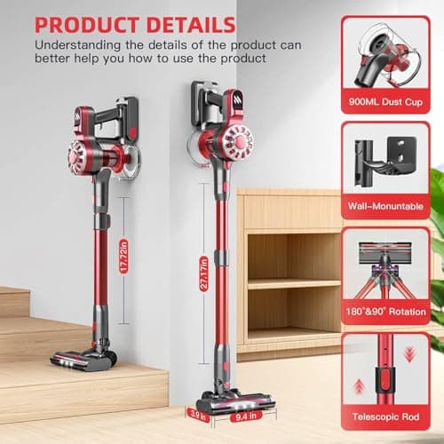 Cordless Vacuum Cleaner,Vacuum Cleaners for Home with Super Suction,Lightweight Stick Vacuum with 35 Mins Runtime,Rechargeable Cordless Vacuum for Carpet, Tile, Pet Hair, Hardwood Floors(Dark Red)
