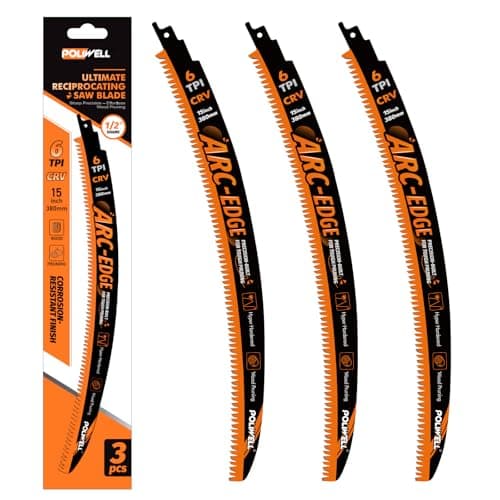 POLIWELL 15 Inch Japanese Teeth Reciprocating Saw Blade,Arc-Edge Wood Pruning Saw Blades for Tree Trimming,6TPI Saw Blades for Wood Cutting & Branch Pruning,3 Pieces