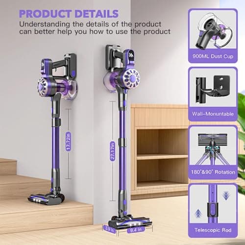 Cordless Vacuum Cleaner for Home with Powerful Suction,Lightweight Stick Vacuum Cordless Rechargeable with 35 Mins Runtime, Hardwood Floor Vacuum for Pet Hair,Carpet,Tile(Purple)