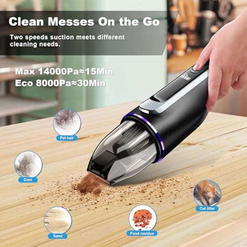 Handheld Vacuum Cordless - Car Vacuum with Brushless Motor & 14000Pa Powerful Suction, 1.2lbs Lightweight, LED Light, Slim Mini Vacuum Cleaner for Car Home Office Pet