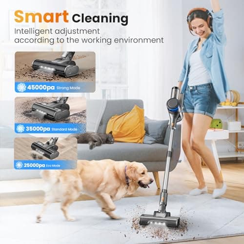 Dzaki Vacuum Cleaners for Home, 400W 45KPa 55 Mins Runtime Cordless Vacuum Cleaner, Smart Induction Auto-Adjustment Stick Vacuum, Rechargeable Battery Vacuum Cordless for Carpet Floor Pet Hair (Gray)