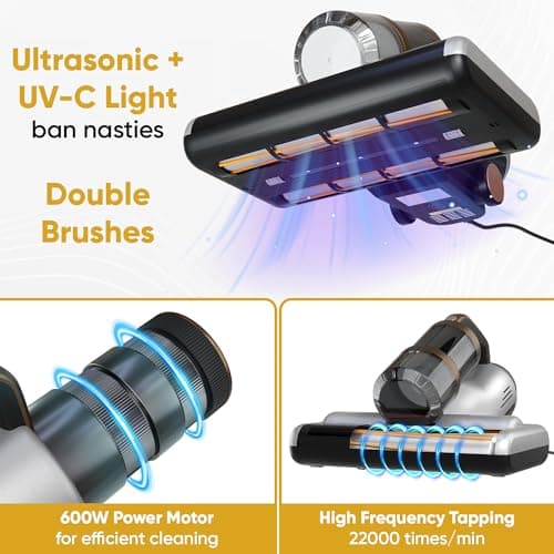 Mattress Vacuum BED CLEANER with UV-C LIGHT, 14kPa Suction, DUAL FILTERS & Dual Rollers, Furniture Handheld Vacuum Cleaner Dust Sensor, CORDED HANDHELD VACUUM for SOFA, Fabric & PET HAIR