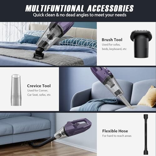 Handheld Vacuum Cordless - Car Vacuum Portable & Small Vacuum Cleaner with 6KPa Suction, USB Vacuum Cordless Rechargeable, HEPA Filter, LED Light for Pet Hair, Home, Car, Office - Includes Accessories