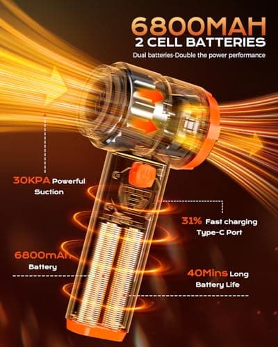 Car Vacuum Portable Cordless, Handheld Vacuum Cordless with 30000PA Suction, 130000RPM, 6800mAh Battery, 10 Nozzles, Rubber Paint Material for Car, Home, Pet Cleaning（Black Orange）