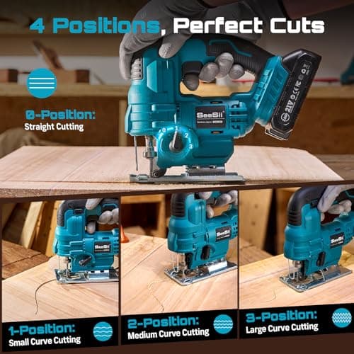 SEESII Cordless Jig Saw 21V, Electric Jigsaw Tool with 2× 2.0Ah Batteries, 2800RPM Variable Speed for Wood Cutting, 0°-45° Bevel Cuts, LED Light, 4 Orbital Settings for Straight/Curve/Circle Cutting