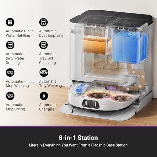 Eureka J15 Pro Ultra Robot Vacuum and Mop with Self Emptying Base, 16,200 Pa Suction, Flex-Arm Design Mop, Auto Mop Hot Water Washing & Hot Air Drying, Anti-Tangle, AI Obstacle Avoidance, White
