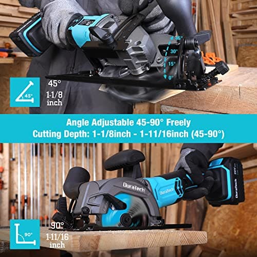 DURATECH Mini Circular Saw, 20V 4-1/2" Cordless Circular Saw with 4.0Ah Battery, Fast Charger, 3PCS Blades, 3600RPM, Max Cutting Depth 1-11/16"(90°),1-1/8"(45°), for Tiles, Wood, Soft Metal, Plastic