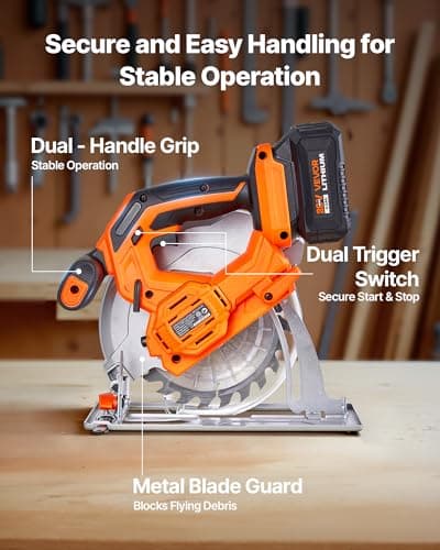 VEVOR Cordless Circular Saw, 6-1/2 inch Blade, 4700 RPM Speed, 0-45 Degree Bevel Capability, Brushless Motor, LED Light, Electric Circular Saw Kit with Battery and Charger Included, for Wood Cutting