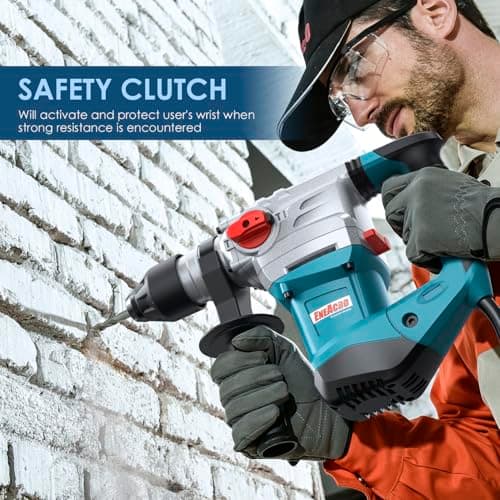 ENEACRO 1-1/4 Inch SDS-Plus 13 Amp Heavy Duty Rotary Hammer Drill, Safety Clutch 4 Functions with Vibration Control Including Grease, Chisels and Drill Bits with Case